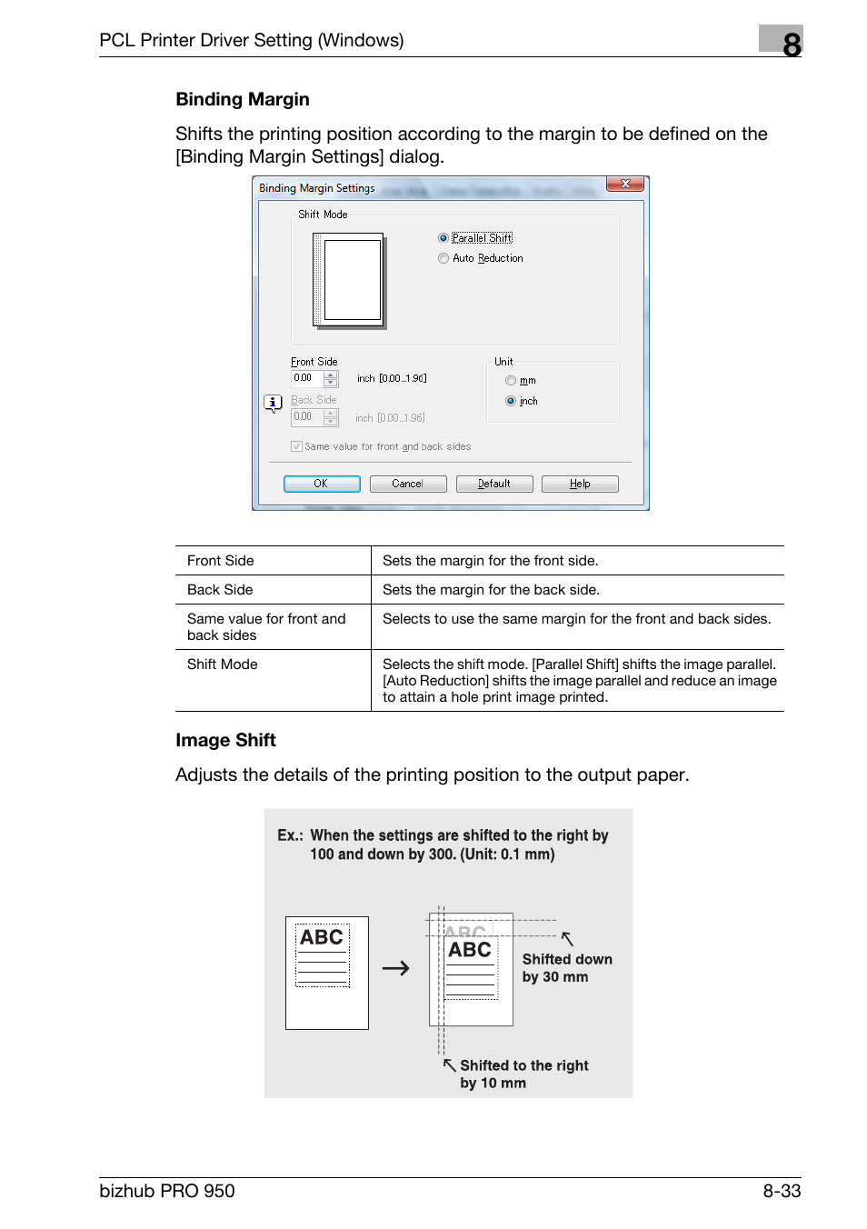 Binding margin, Image shift | Konica Minolta bizhub PRO 950 User Manual | Page 150 / 320