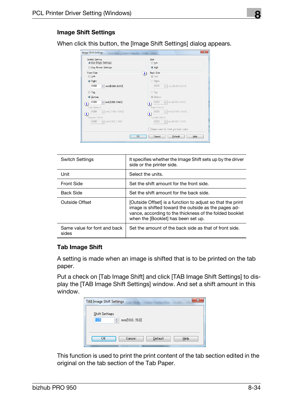 Image shift settings, Tab image shift | Konica Minolta bizhub PRO 950 User Manual | Page 151 / 320