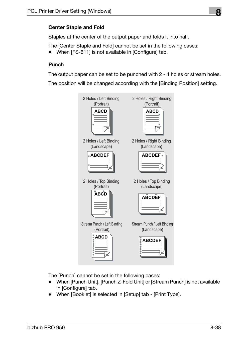 Center staple and fold, Punch | Konica Minolta bizhub PRO 950 User Manual | Page 155 / 320