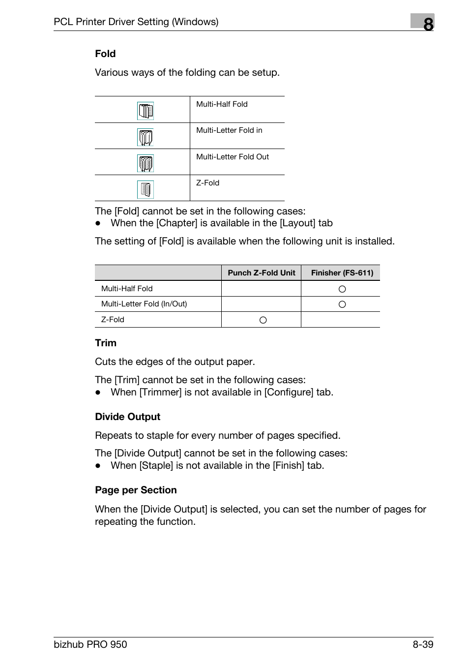 Fold, Trim, Divide output | Konica Minolta bizhub PRO 950 User Manual | Page 156 / 320