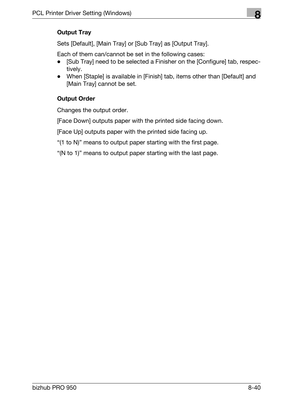 Output tray, Output order | Konica Minolta bizhub PRO 950 User Manual | Page 157 / 320