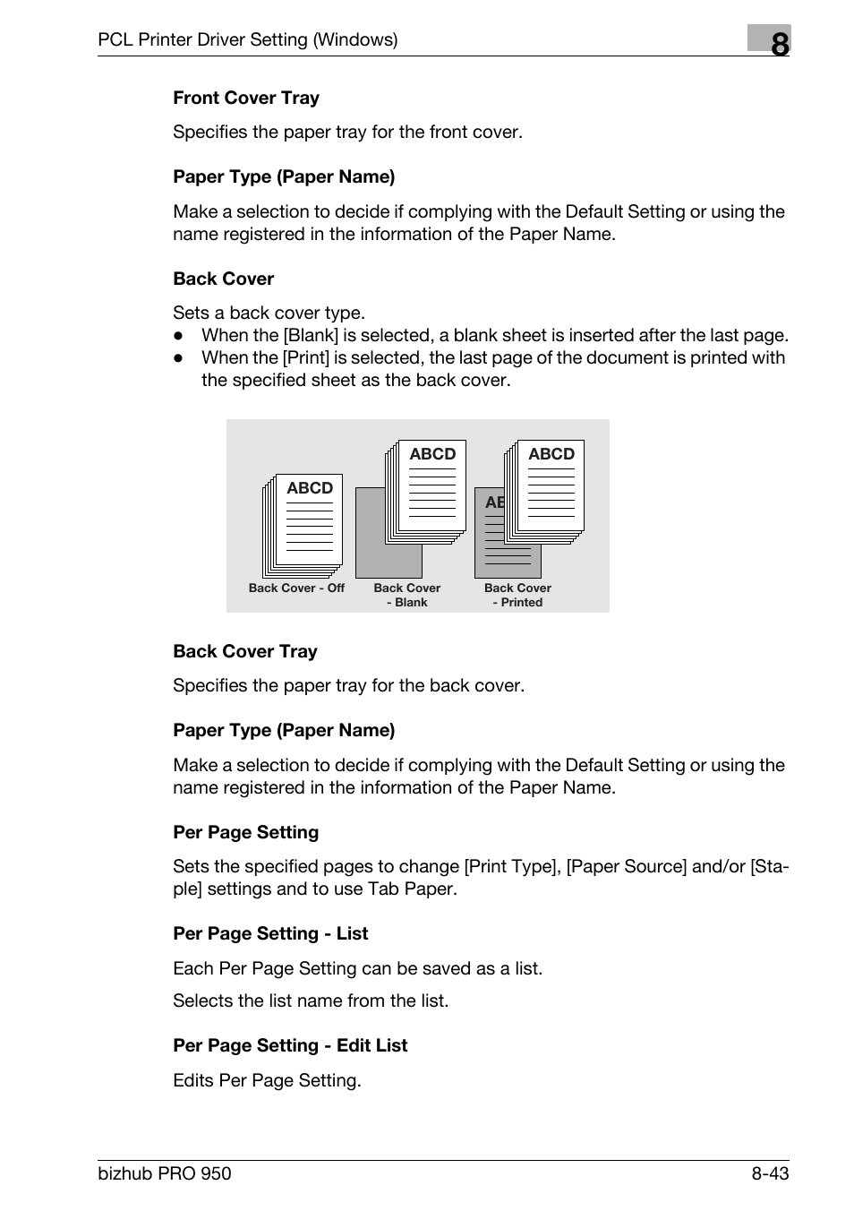 Front cover tray, Paper type (paper name), Back cover | Back cover tray | Konica Minolta bizhub PRO 950 User Manual | Page 160 / 320