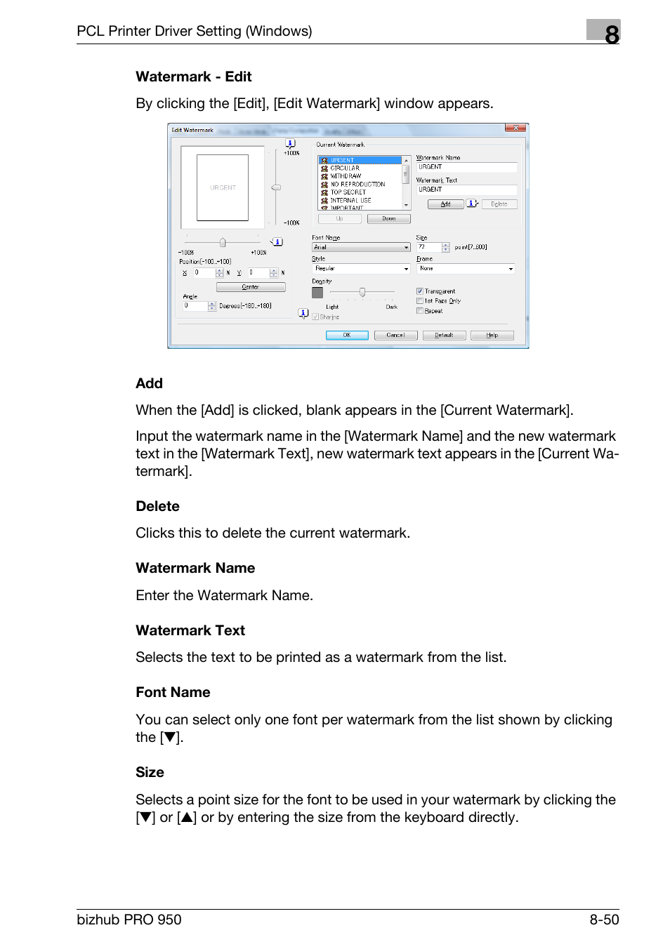 Watermark - edit, Delete, Watermark name | Watermark text, Font name, Size | Konica Minolta bizhub PRO 950 User Manual | Page 167 / 320