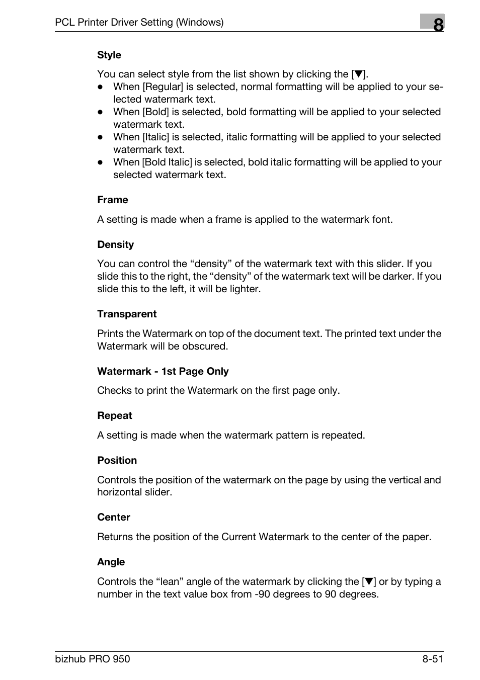 Style, Frame, Density | Transparent, Repeat, Position, Center, Angle | Konica Minolta bizhub PRO 950 User Manual | Page 168 / 320