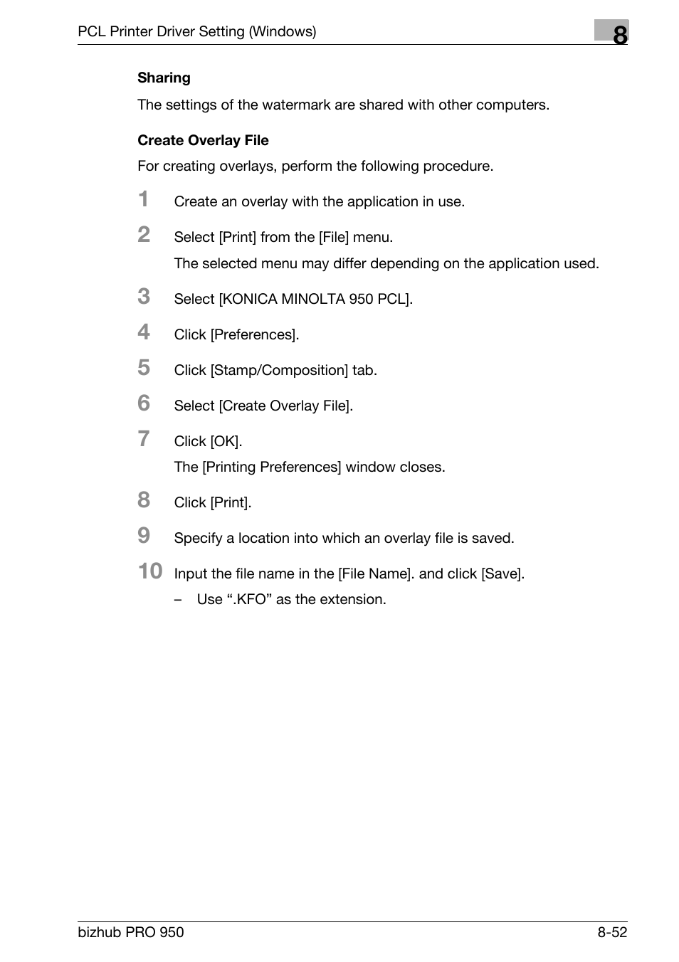 Sharing, Create overlay file | Konica Minolta bizhub PRO 950 User Manual | Page 169 / 320