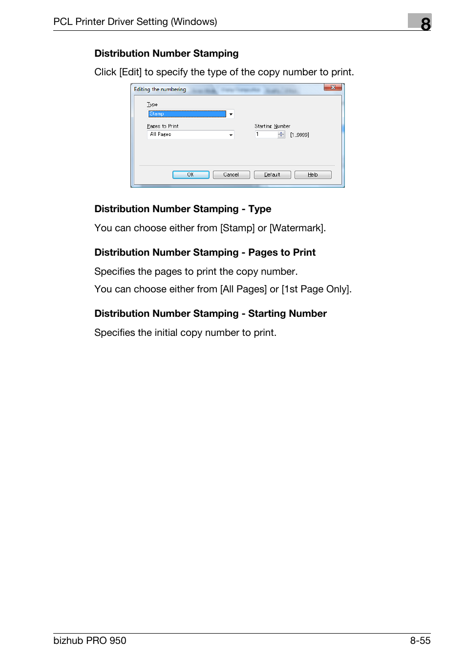 Distribution number stamping, Distribution number stamping - type, Distribution number stamping - starting number | Konica Minolta bizhub PRO 950 User Manual | Page 172 / 320