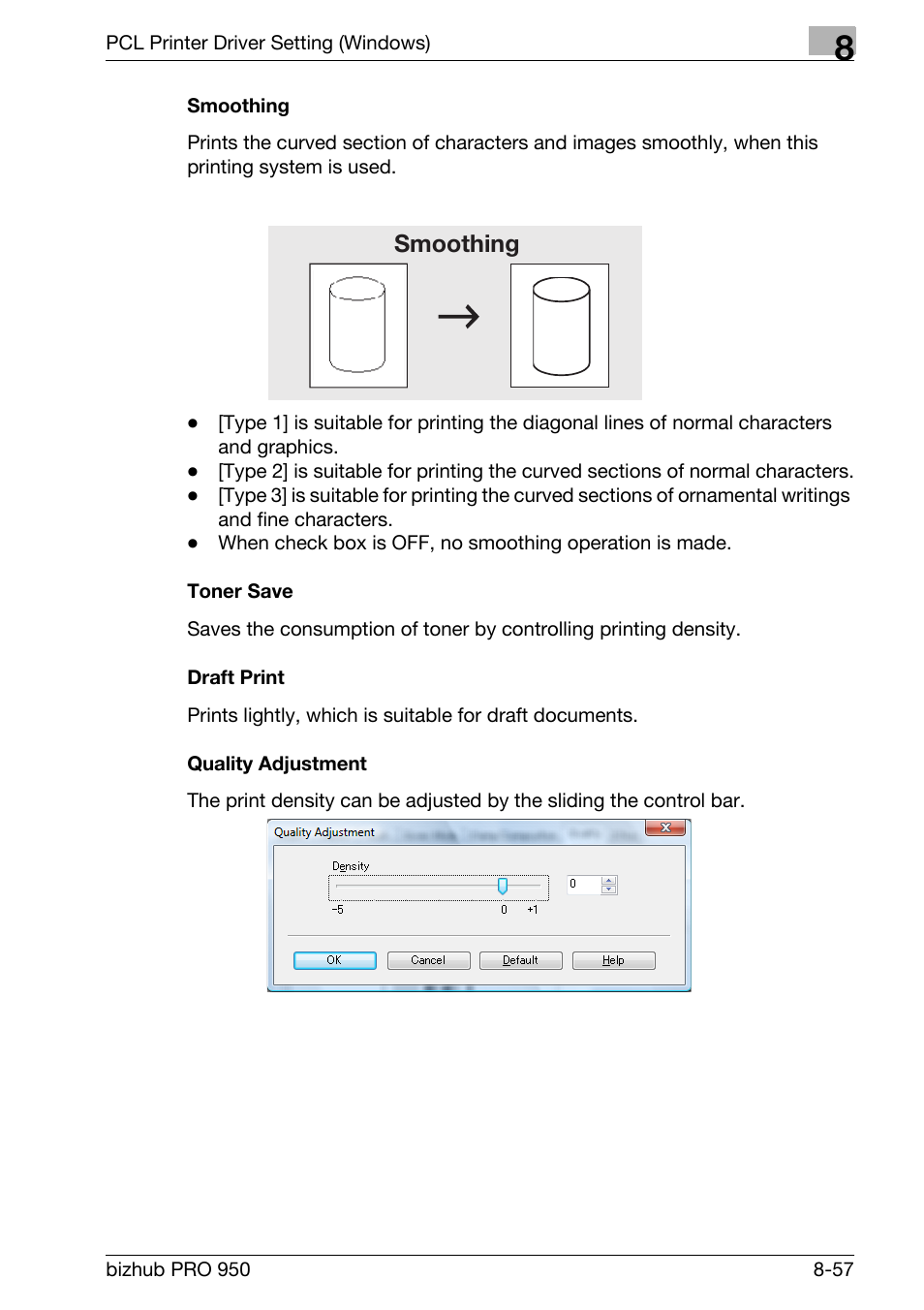 Smoothing, Toner save, Draft print | Quality adjustment | Konica Minolta bizhub PRO 950 User Manual | Page 174 / 320