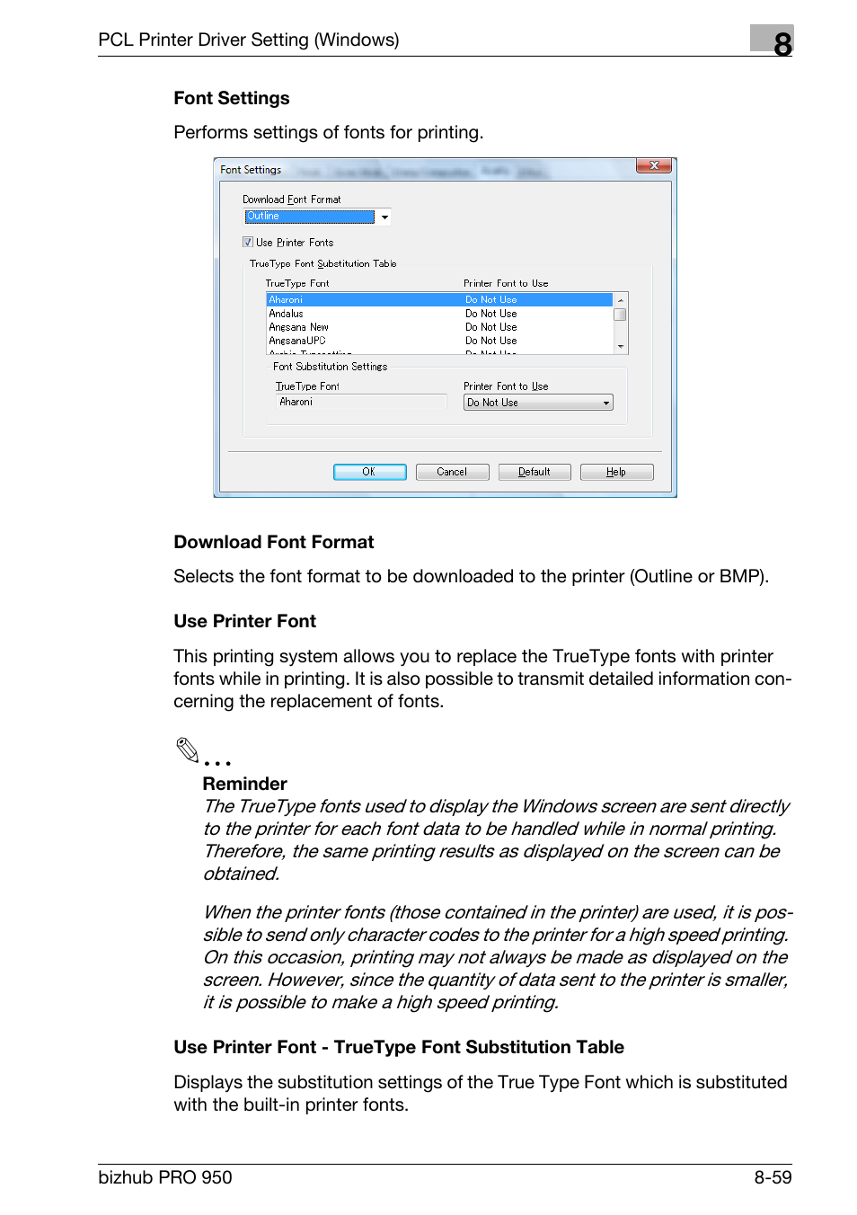 Font settings, Download font format, Use printer font | Konica Minolta bizhub PRO 950 User Manual | Page 176 / 320