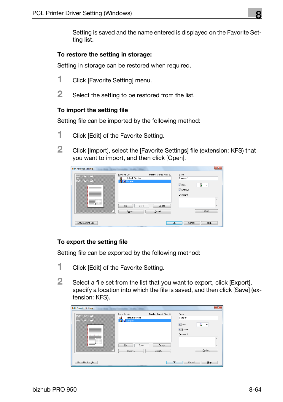 To restore the setting in storage, To import the setting file, To export the setting file | Konica Minolta bizhub PRO 950 User Manual | Page 181 / 320