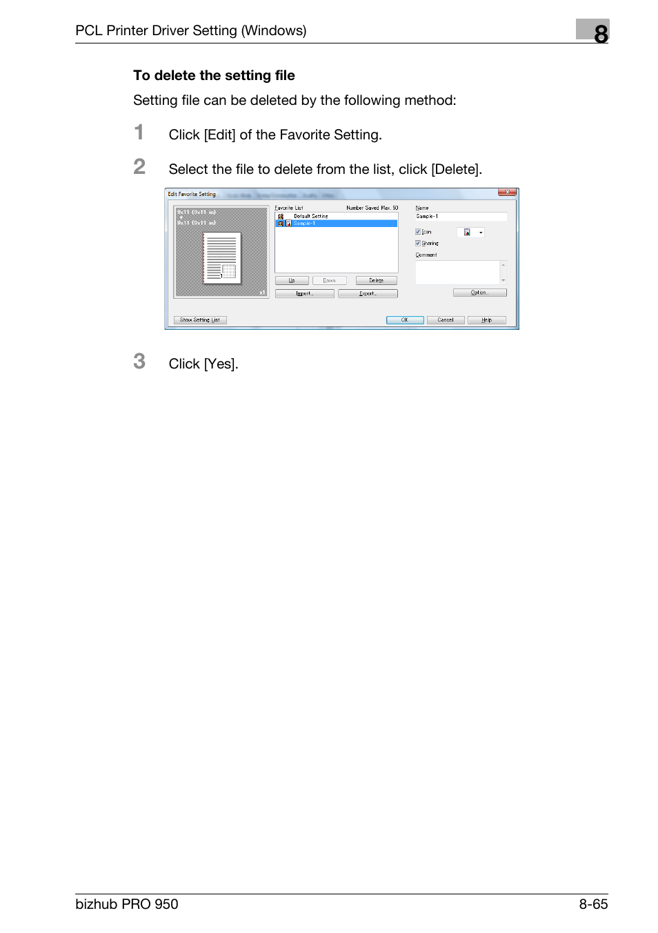 To delete the setting file | Konica Minolta bizhub PRO 950 User Manual | Page 182 / 320