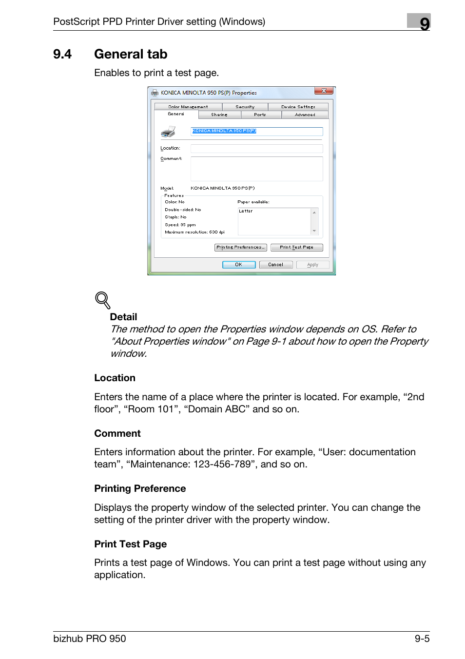 4 general tab, Location, Comment | Printing preference, General tab -5 | Konica Minolta bizhub PRO 950 User Manual | Page 190 / 320