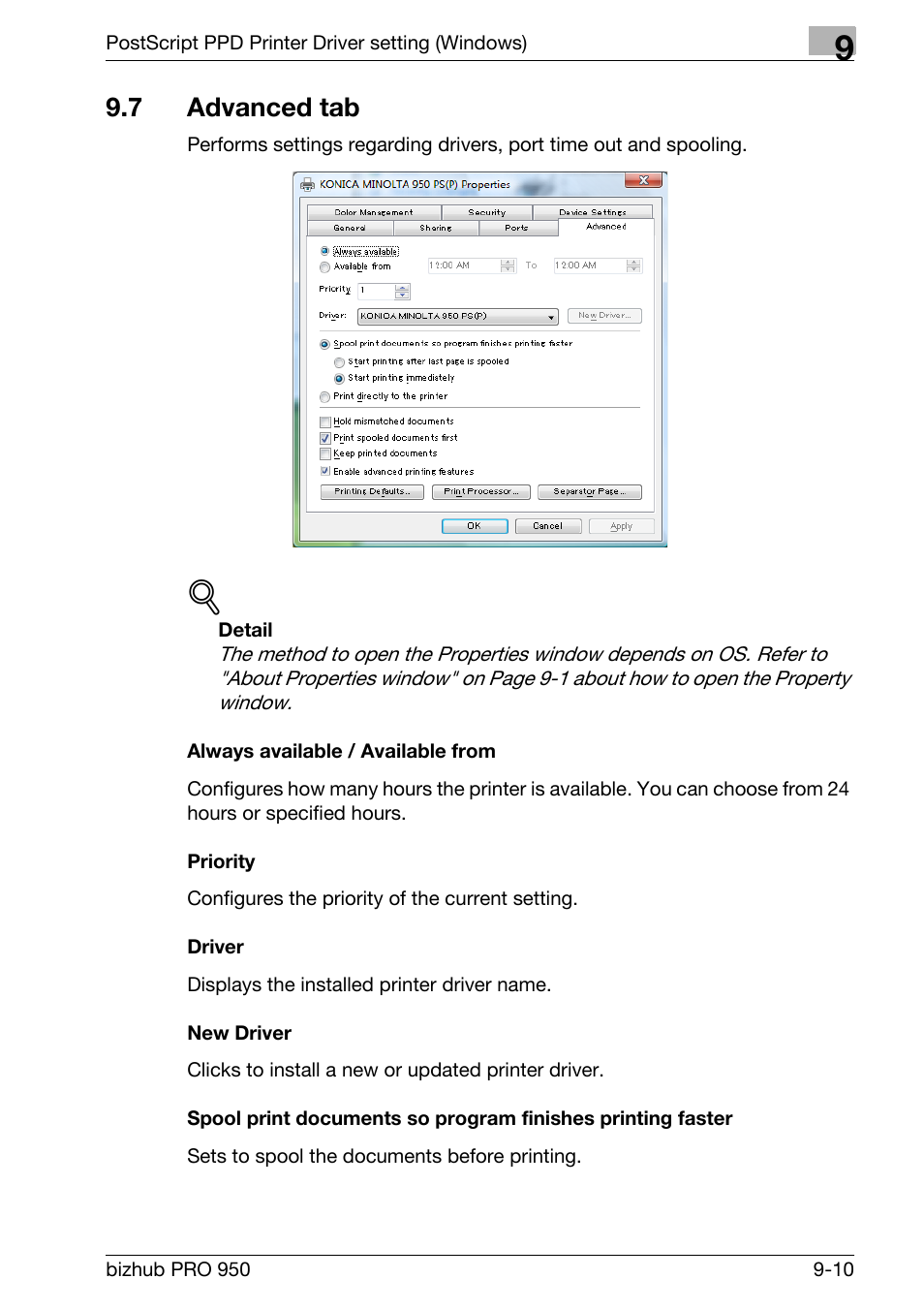 7 advanced tab, Always available / available from, Priority | Driver, New driver, Advanced tab -10 | Konica Minolta bizhub PRO 950 User Manual | Page 195 / 320