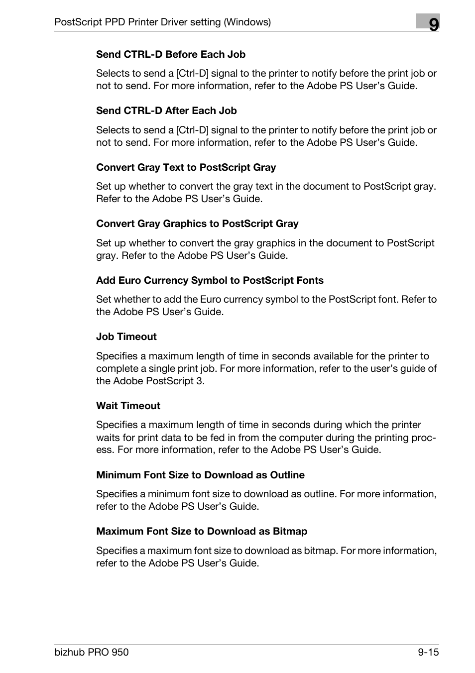 Send ctrl-d before each job, Send ctrl-d after each job, Convert gray text to postscript gray | Convert gray graphics to postscript gray, Add euro currency symbol to postscript fonts, Job timeout, Wait timeout, Minimum font size to download as outline, Maximum font size to download as bitmap | Konica Minolta bizhub PRO 950 User Manual | Page 200 / 320