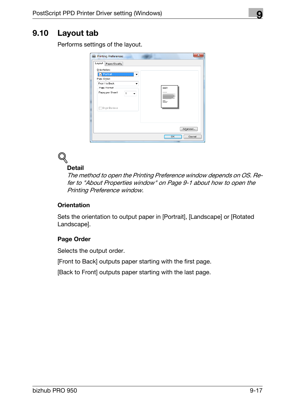 10 layout tab, Orientation, Layout tab -17 | Konica Minolta bizhub PRO 950 User Manual | Page 202 / 320