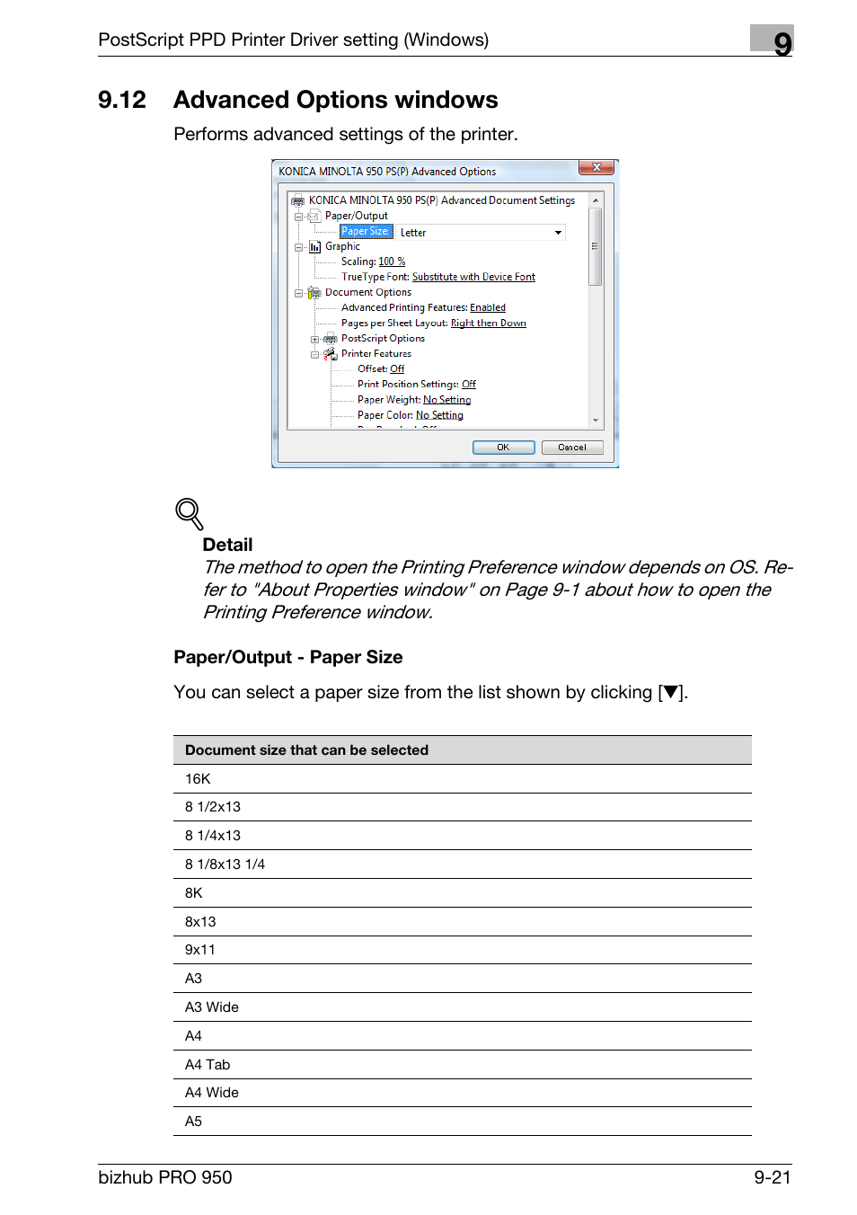 12 advanced options windows, Paper/output - paper size, Advanced options windows -21 | Konica Minolta bizhub PRO 950 User Manual | Page 206 / 320