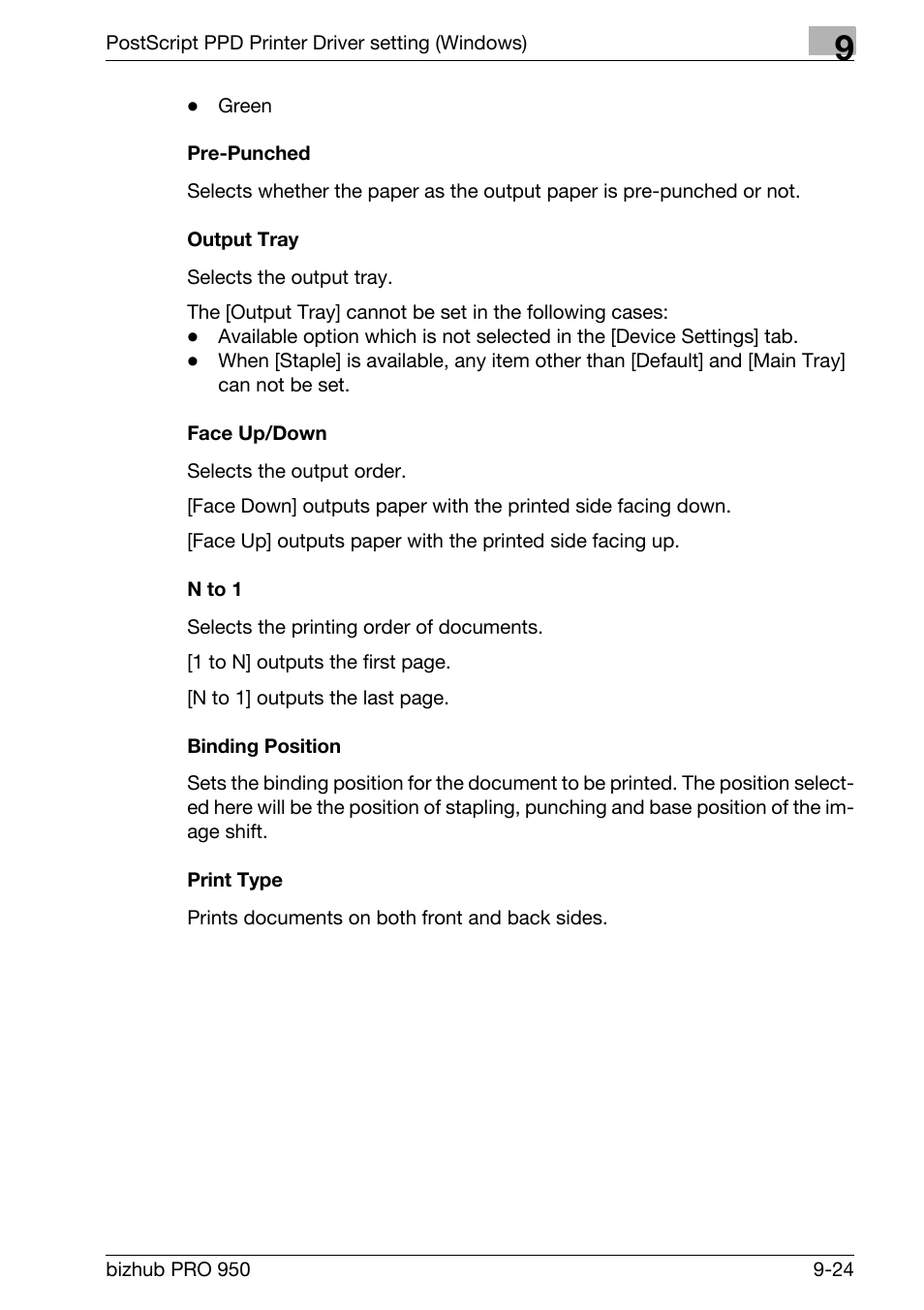 Pre-punched, Output tray, Face up/down | N to 1, Binding position, Print type | Konica Minolta bizhub PRO 950 User Manual | Page 209 / 320