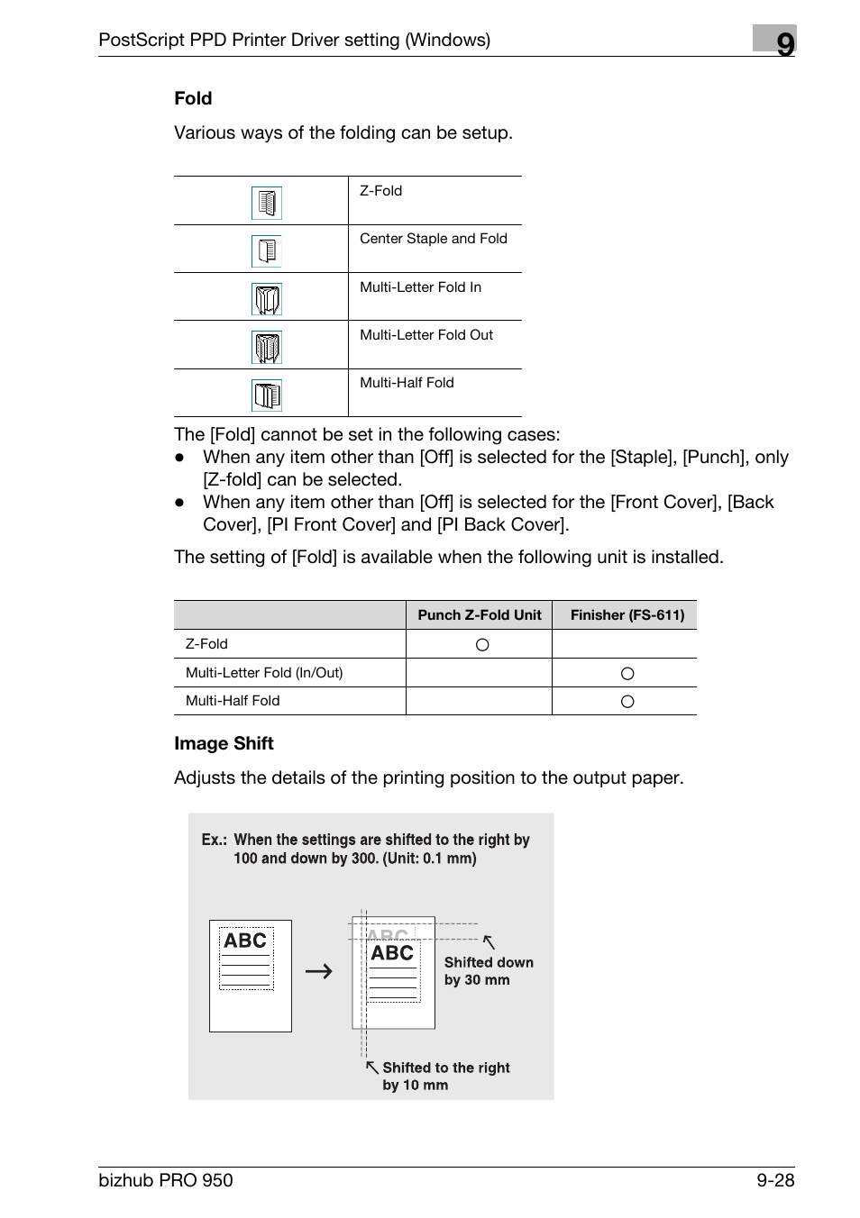 Fold, Image shift | Konica Minolta bizhub PRO 950 User Manual | Page 213 / 320