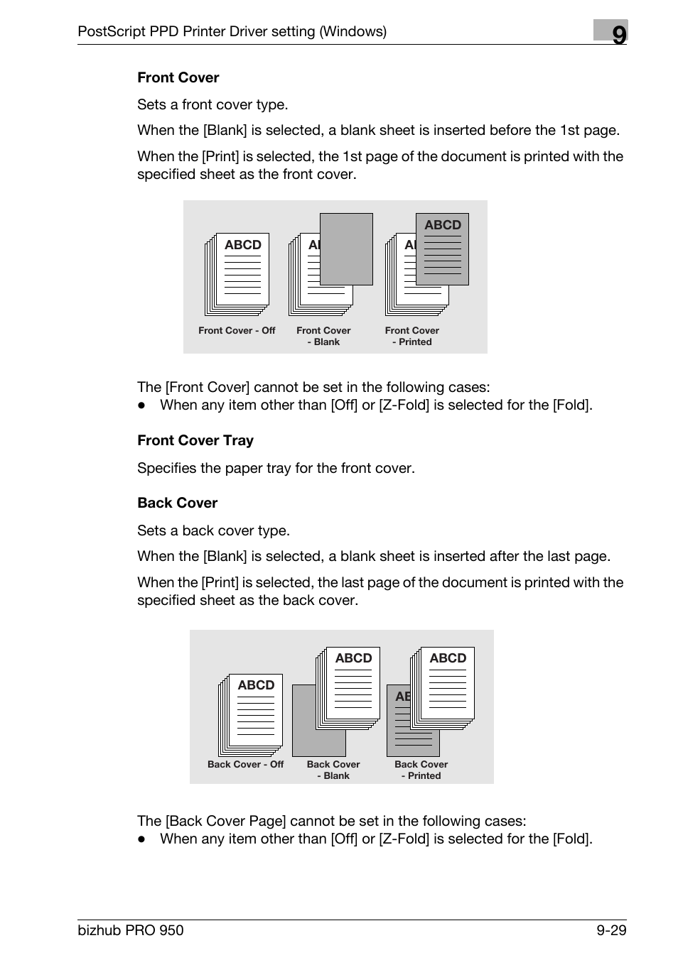 Front cover, Front cover tray, Back cover | Konica Minolta bizhub PRO 950 User Manual | Page 214 / 320