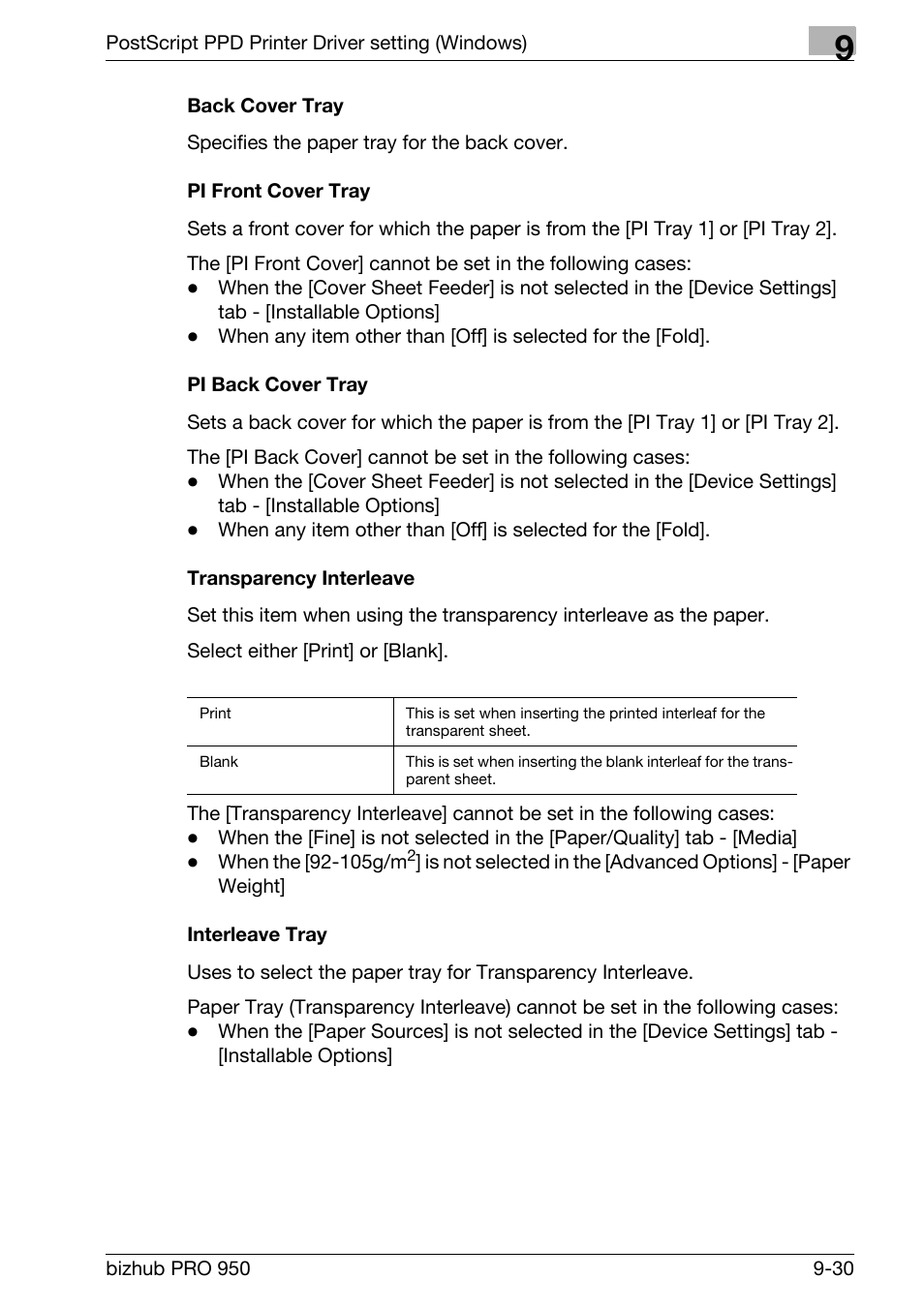 Back cover tray, Pi front cover tray, Pi back cover tray | Transparency interleave, Interleave tray | Konica Minolta bizhub PRO 950 User Manual | Page 215 / 320