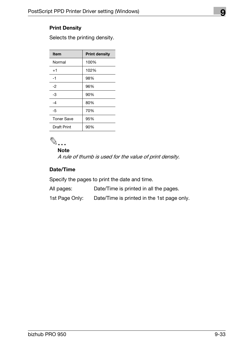 Print density, Date/time | Konica Minolta bizhub PRO 950 User Manual | Page 218 / 320