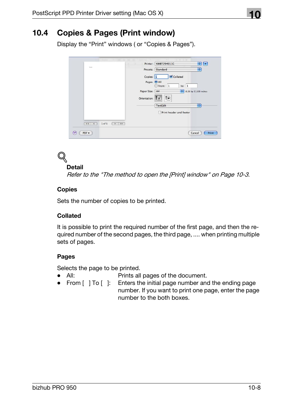 Copies, Collated, 4 copies & pages (print window) | Konica Minolta bizhub PRO 950 User Manual | Page 227 / 320