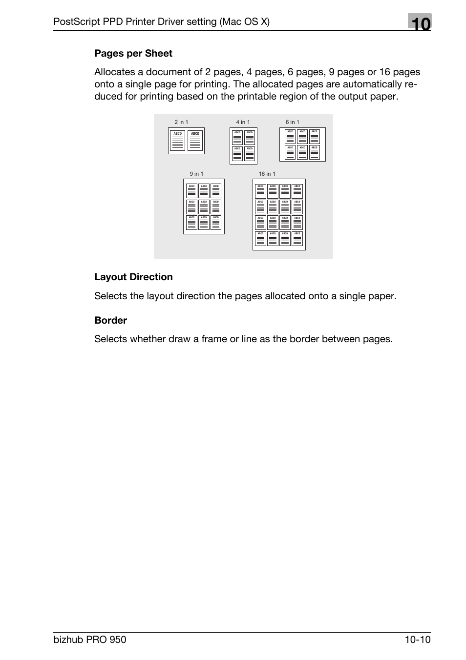 Layout direction, Border, Postscript ppd printer driver setting (mac os x) | Konica Minolta bizhub PRO 950 User Manual | Page 229 / 320