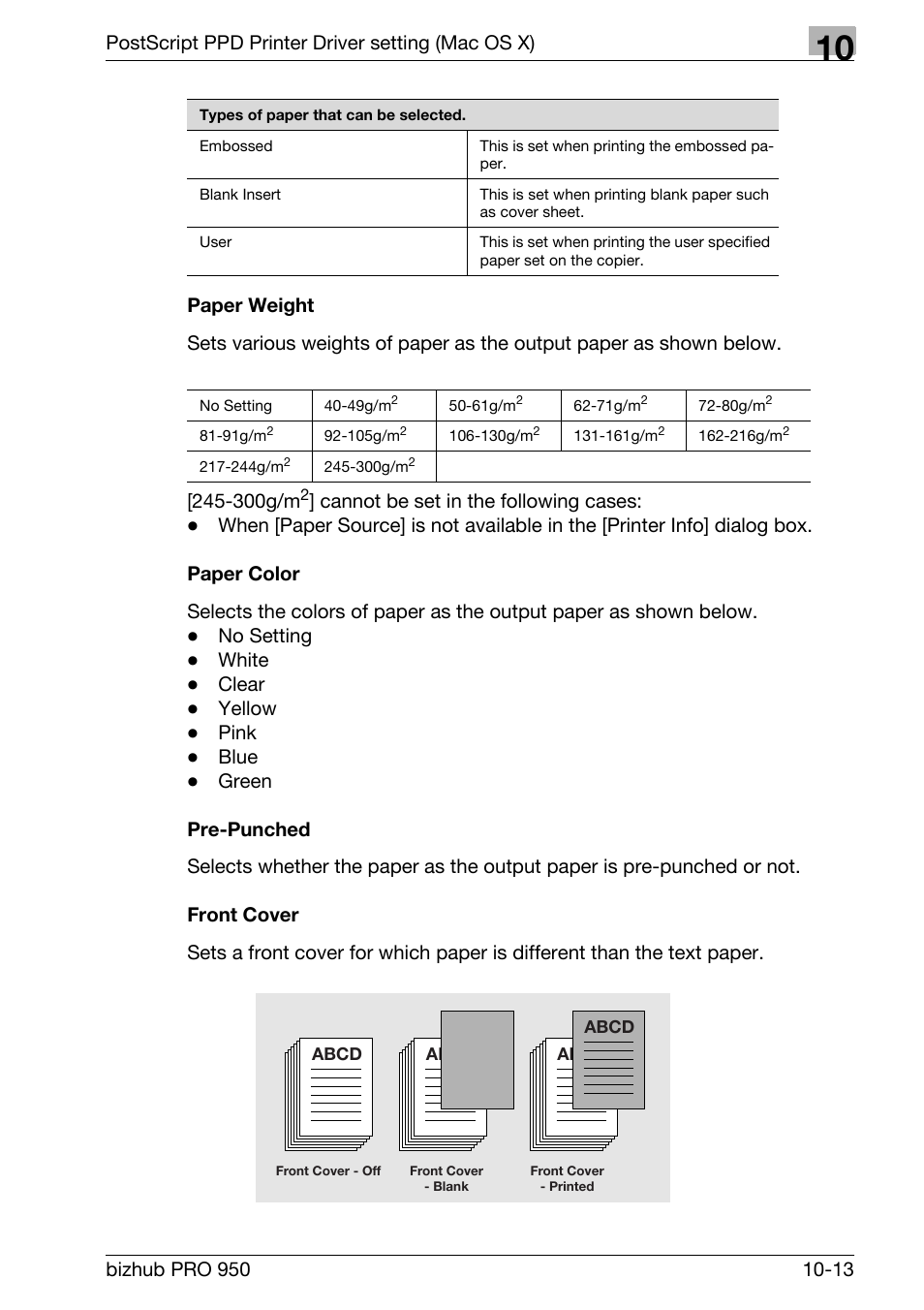 Paper weight, Paper color, Pre-punched | Front cover | Konica Minolta bizhub PRO 950 User Manual | Page 232 / 320