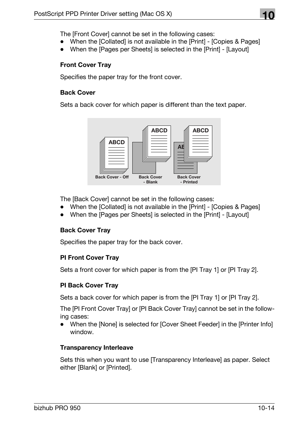 Front cover tray, Back cover, Back cover tray | Pi front cover tray, Pi back cover tray, Transparency interleave | Konica Minolta bizhub PRO 950 User Manual | Page 233 / 320