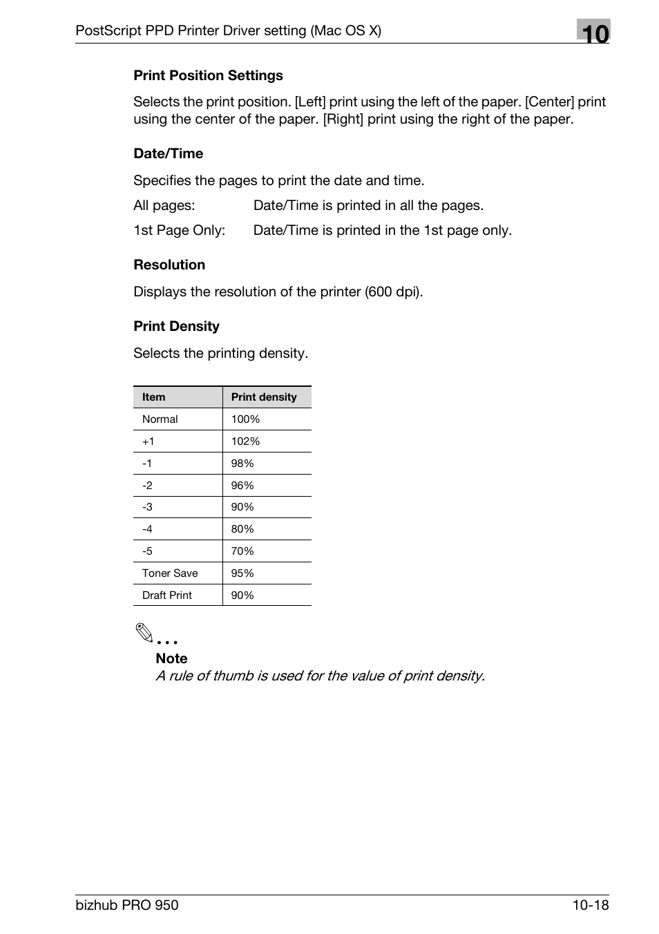 Print position settings, Date/time, Resolution | Print density | Konica Minolta bizhub PRO 950 User Manual | Page 237 / 320