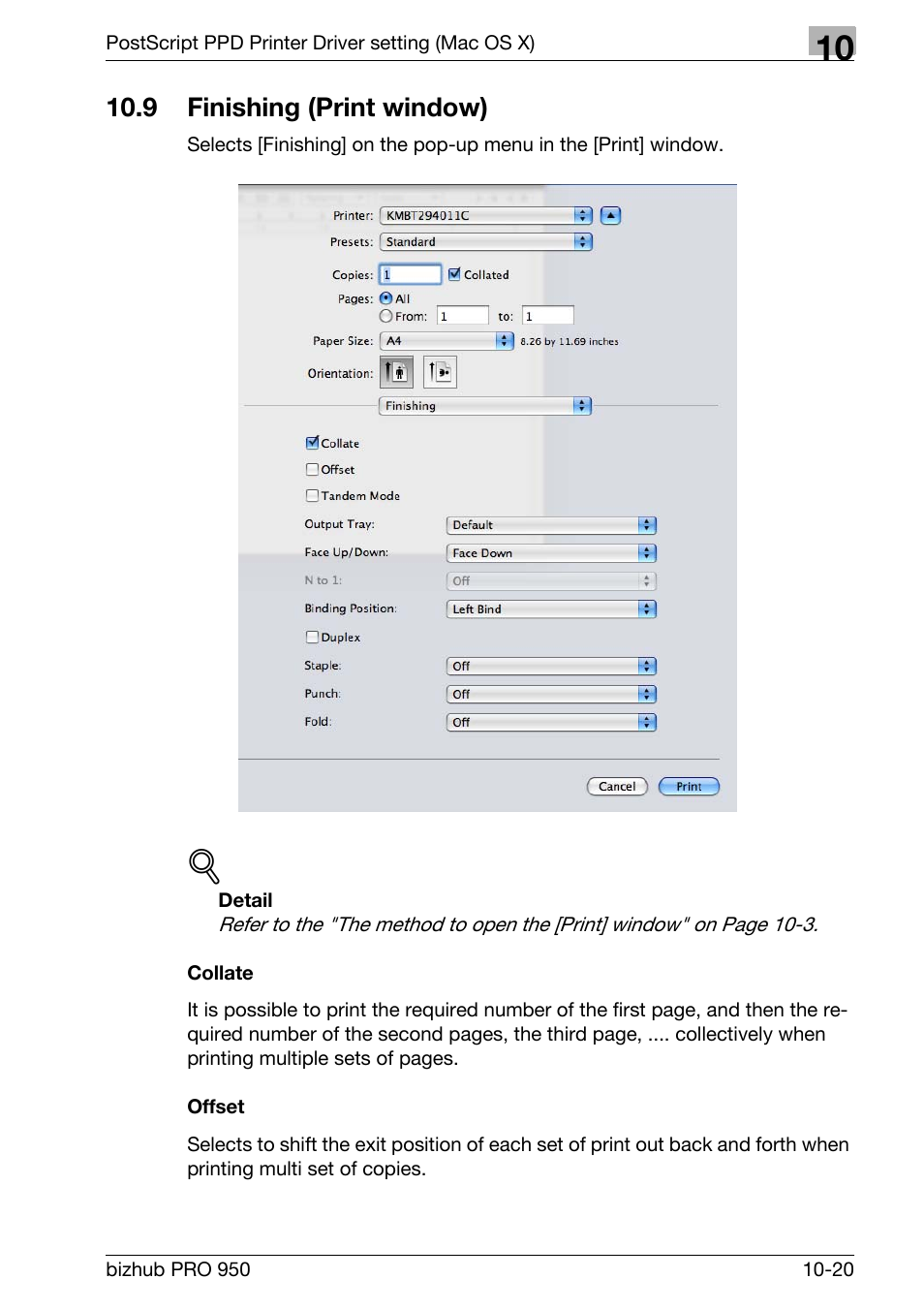 9 finishing (print window), Collate, Offset | Finishing (print window) -20 | Konica Minolta bizhub PRO 950 User Manual | Page 239 / 320