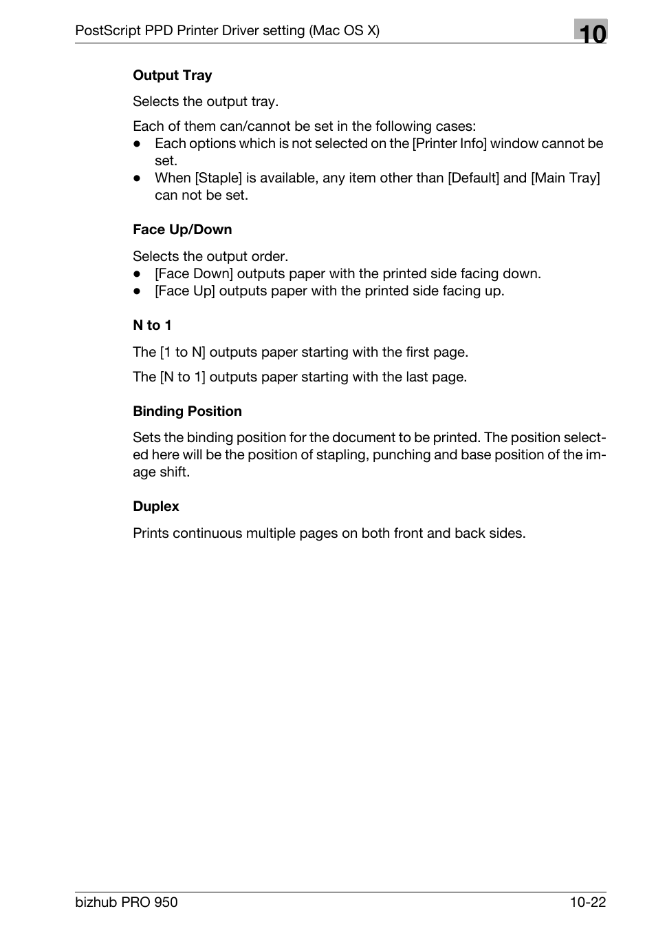 Output tray, Face up/down, N to 1 | Binding position, Duplex | Konica Minolta bizhub PRO 950 User Manual | Page 241 / 320