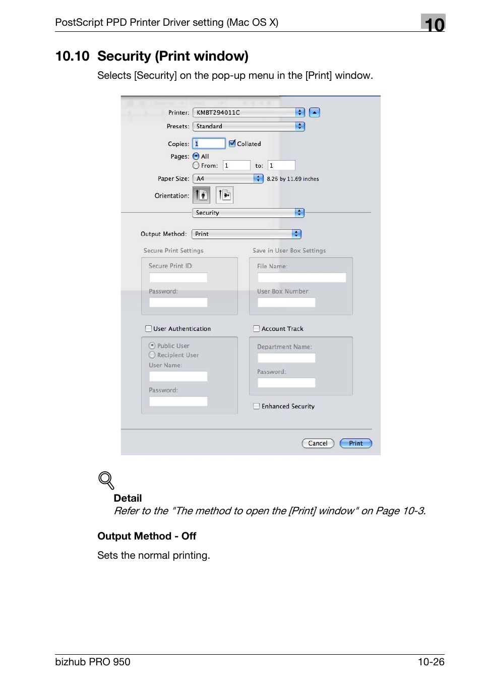 10 security (print window), Output method - off, 10 security (print window) -26 | Konica Minolta bizhub PRO 950 User Manual | Page 245 / 320