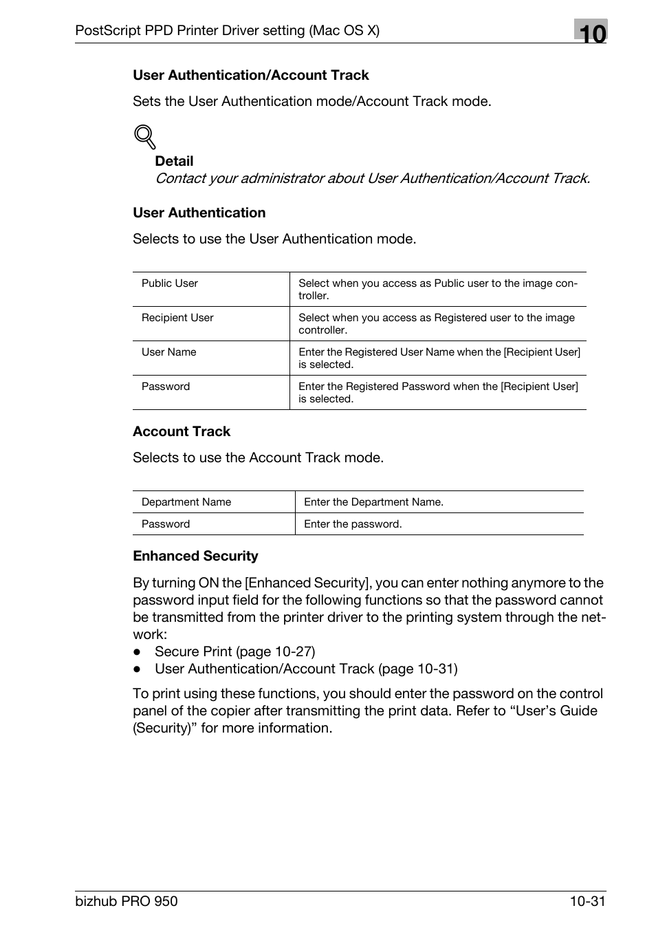 User authentication/account track, User authentication, Account track | Enhanced security | Konica Minolta bizhub PRO 950 User Manual | Page 250 / 320