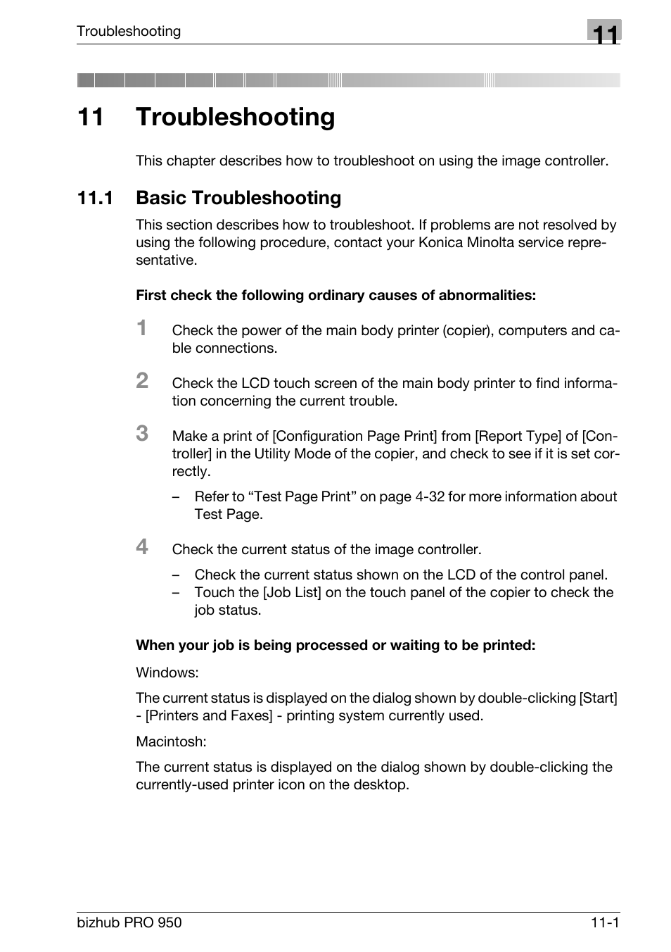 11 troubleshooting, 1 basic troubleshooting, Basic troubleshooting -1 | Chapter 11 troubleshooting | Konica Minolta bizhub PRO 950 User Manual | Page 251 / 320