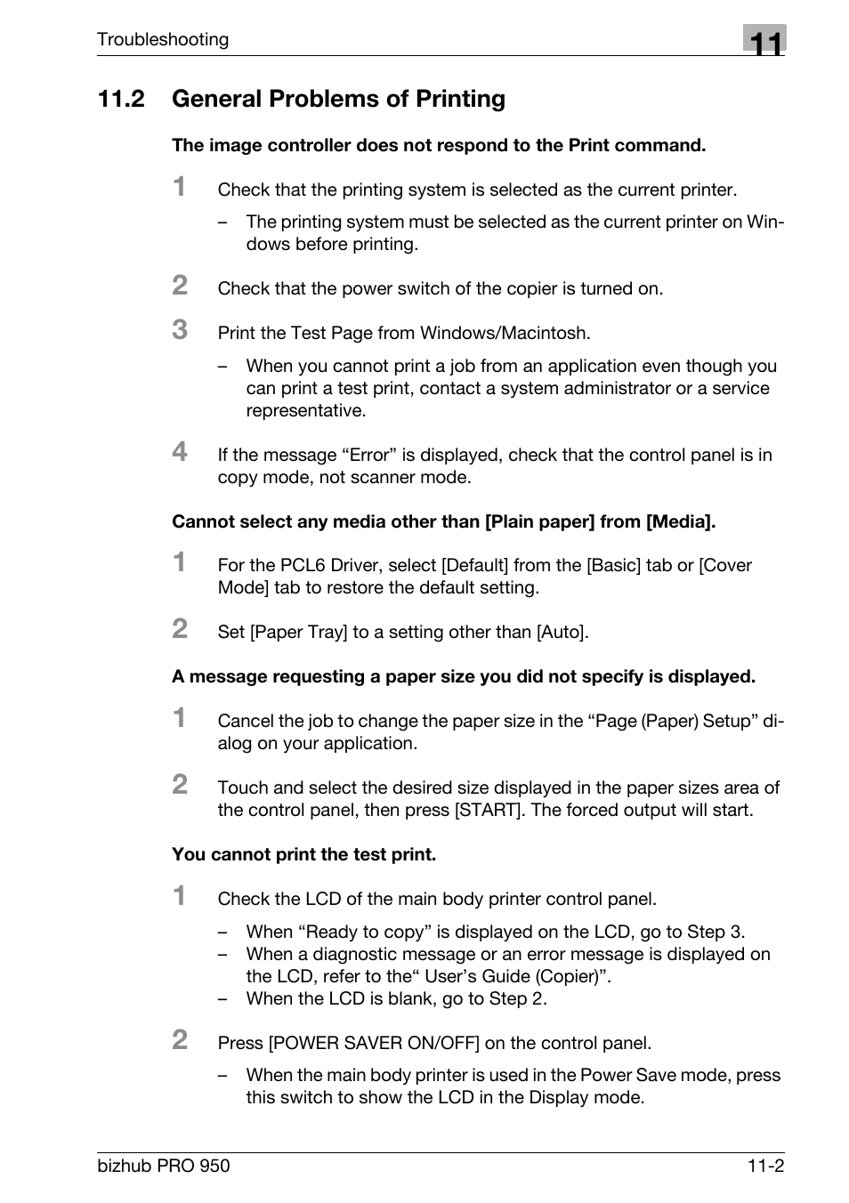 2 general problems of printing, You cannot print the test print, General problems of printing -2 | Konica Minolta bizhub PRO 950 User Manual | Page 252 / 320