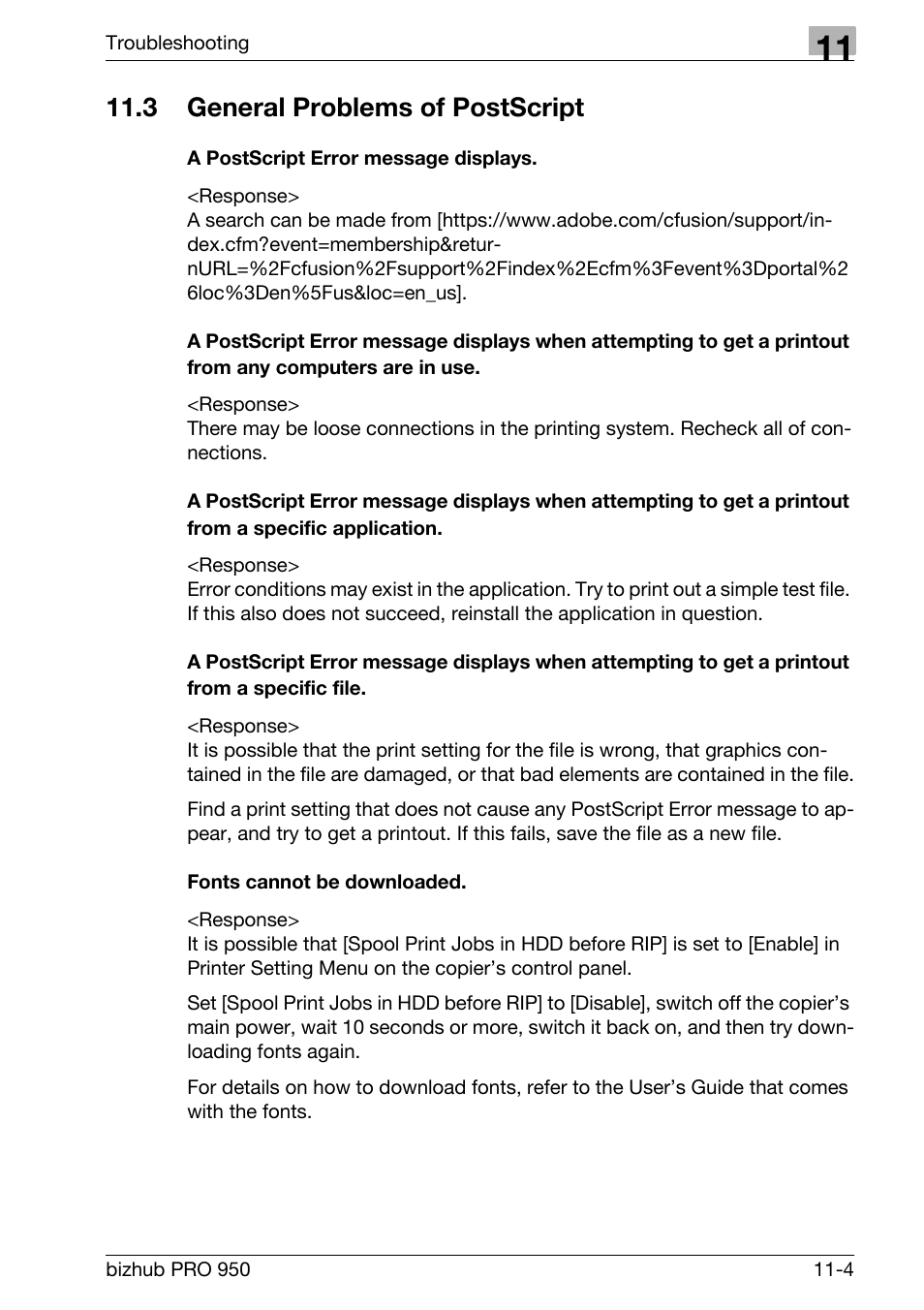 3 general problems of postscript, A postscript error message displays, Fonts cannot be downloaded | General problems of postscript -4 | Konica Minolta bizhub PRO 950 User Manual | Page 254 / 320
