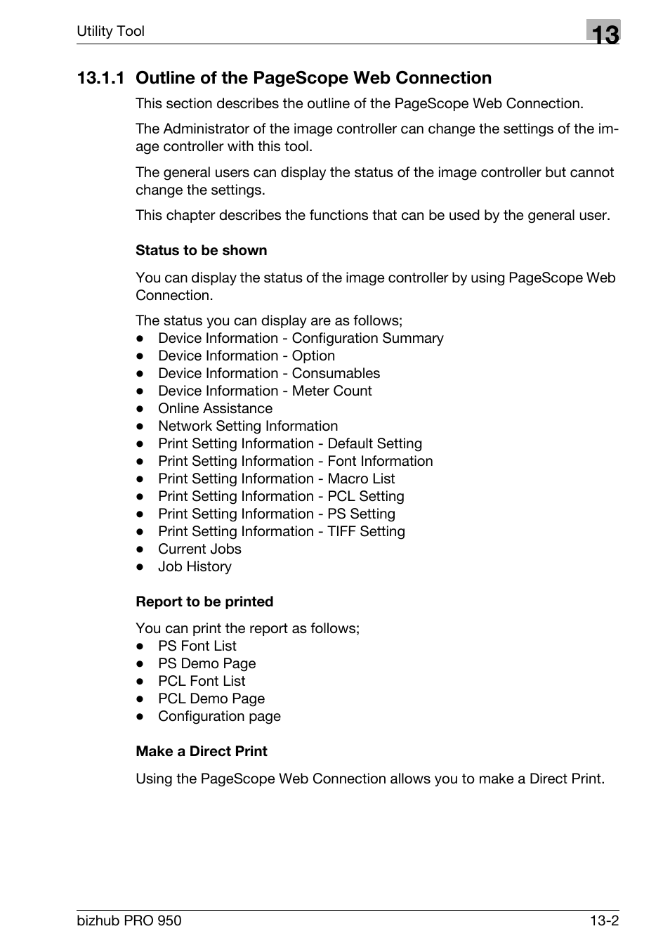 Status to be shown, Report to be printed, Make a direct print | 1 outline of the pagescope web connection | Konica Minolta bizhub PRO 950 User Manual | Page 269 / 320