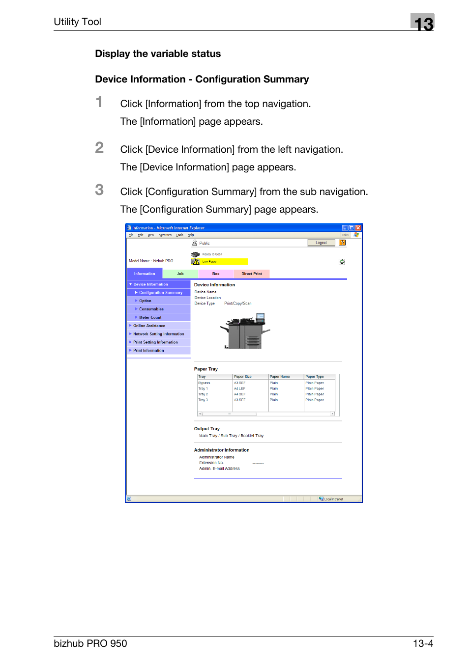 Display the variable status, Device information - configuration summary | Konica Minolta bizhub PRO 950 User Manual | Page 271 / 320