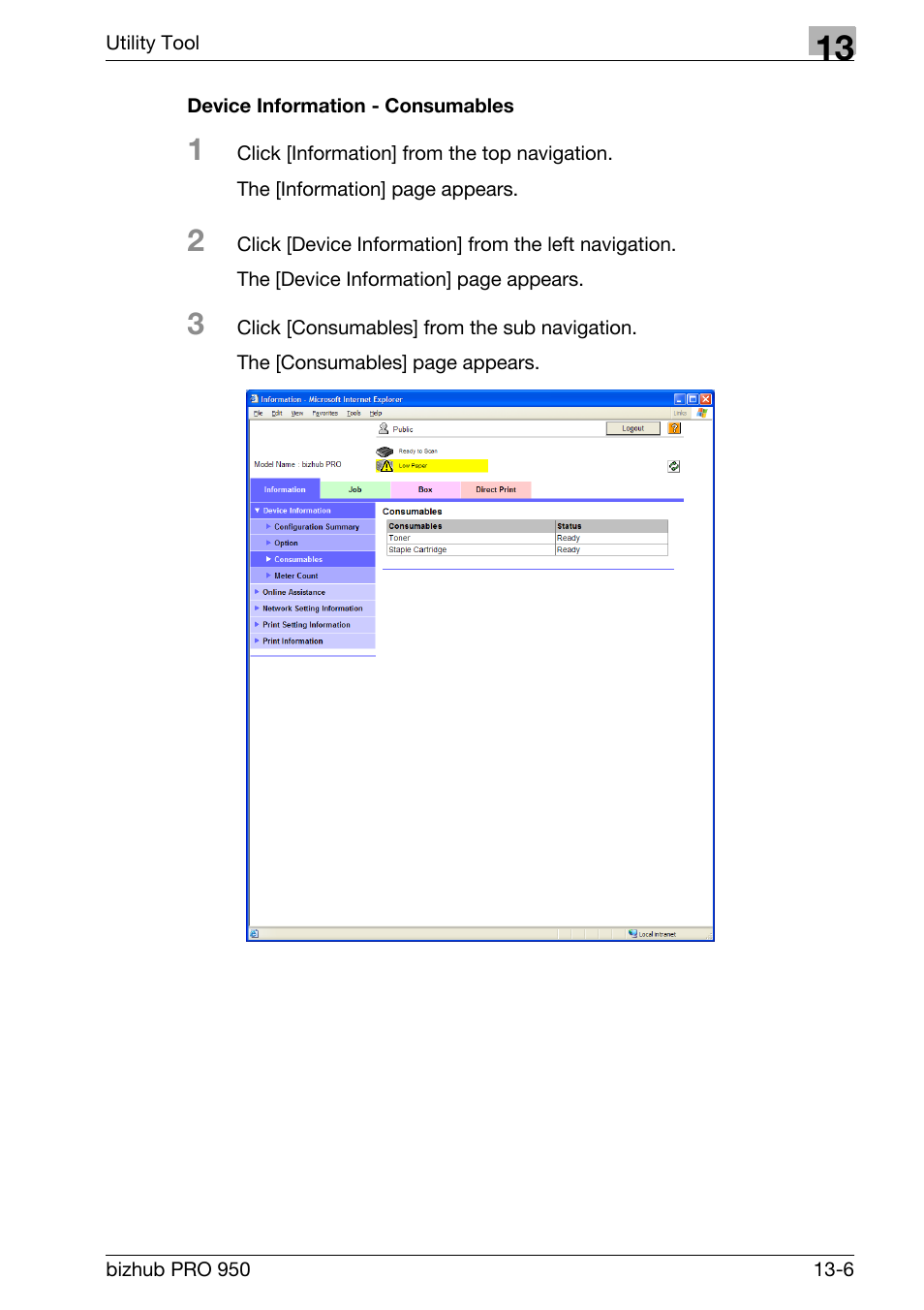 Device information - consumables | Konica Minolta bizhub PRO 950 User Manual | Page 273 / 320