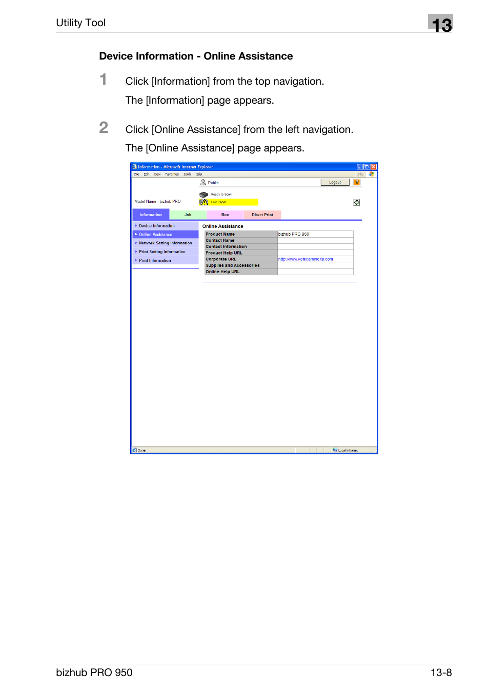 Device information - online assistance | Konica Minolta bizhub PRO 950 User Manual | Page 275 / 320