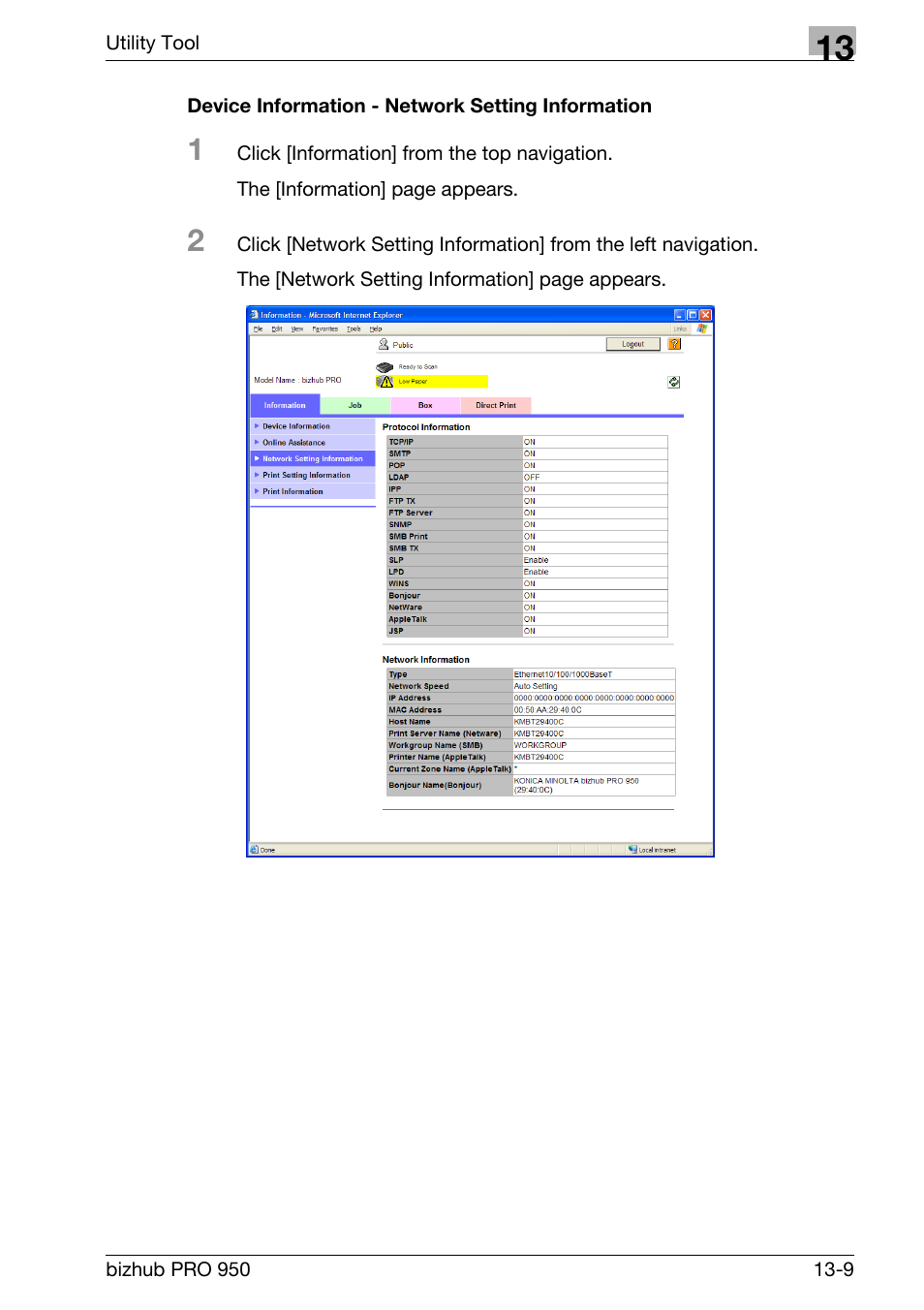 Device information - network setting information | Konica Minolta bizhub PRO 950 User Manual | Page 276 / 320