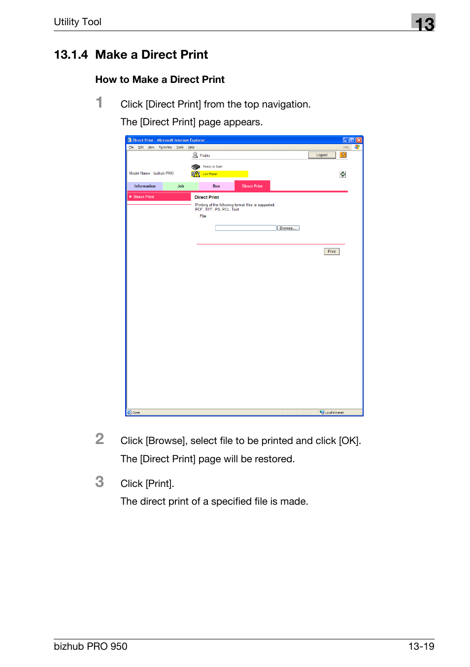 4 make a direct print, How to make a direct print, Make a direct print -19 | Konica Minolta bizhub PRO 950 User Manual | Page 286 / 320