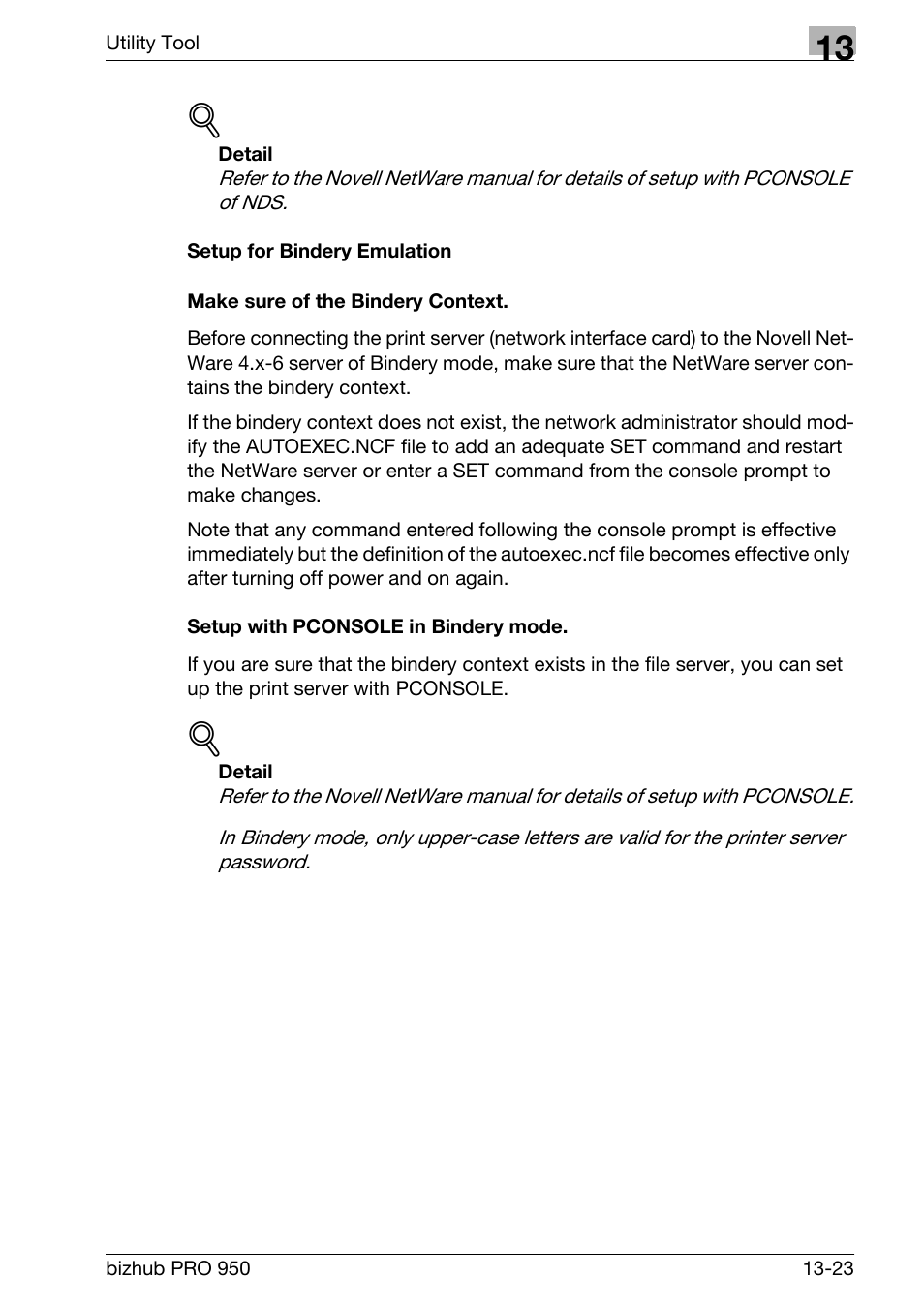 Setup for bindery emulation, Make sure of the bindery context, Setup with pconsole in bindery mode | Konica Minolta bizhub PRO 950 User Manual | Page 290 / 320