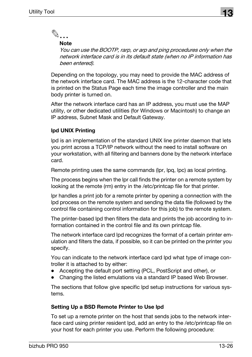 Lpd unix printing, Setting up a bsd remote printer to use lpd | Konica Minolta bizhub PRO 950 User Manual | Page 293 / 320