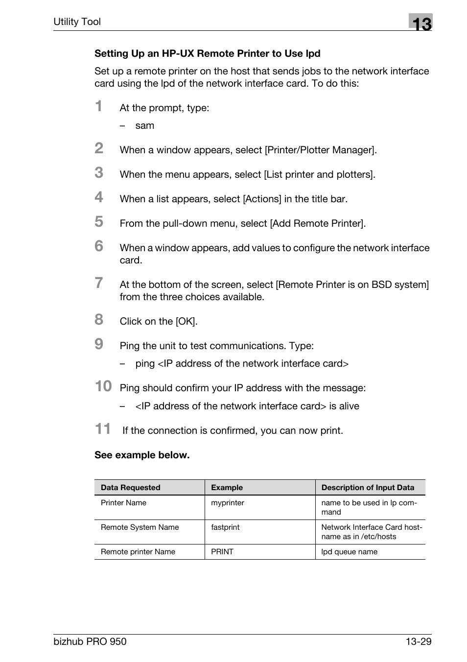 Setting up an hp-ux remote printer to use lpd, See example below | Konica Minolta bizhub PRO 950 User Manual | Page 296 / 320