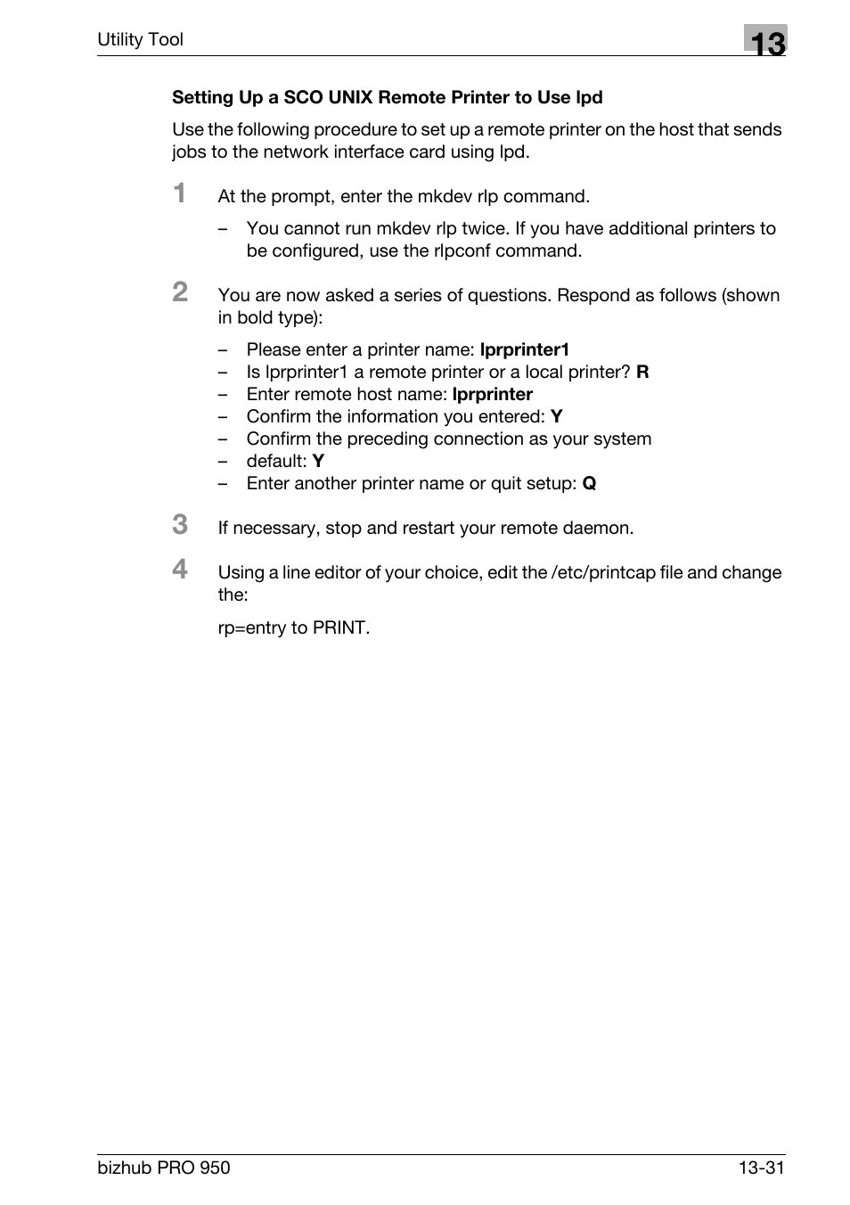 Setting up a sco unix remote printer to use lpd | Konica Minolta bizhub PRO 950 User Manual | Page 298 / 320