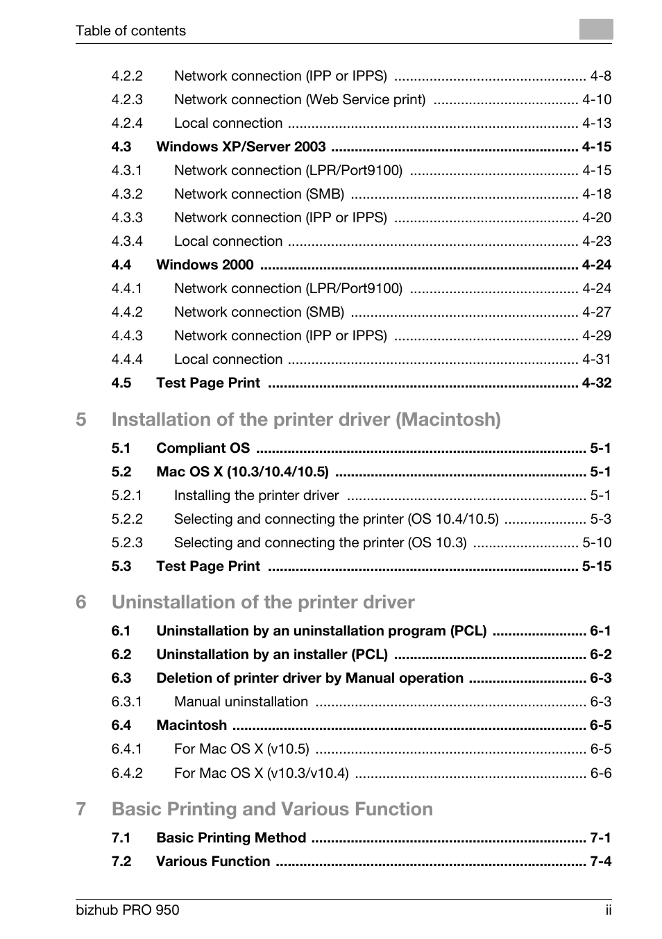 5installation of the printer driver (macintosh), 6uninstallation of the printer driver, 7basic printing and various function | Konica Minolta bizhub PRO 950 User Manual | Page 3 / 320