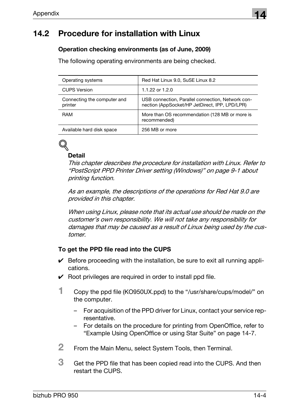 2 procedure for installation with linux, Operation checking environments (as of june, 2009), To get the ppd file read into the cups | Procedure for installation with linux -4 | Konica Minolta bizhub PRO 950 User Manual | Page 306 / 320