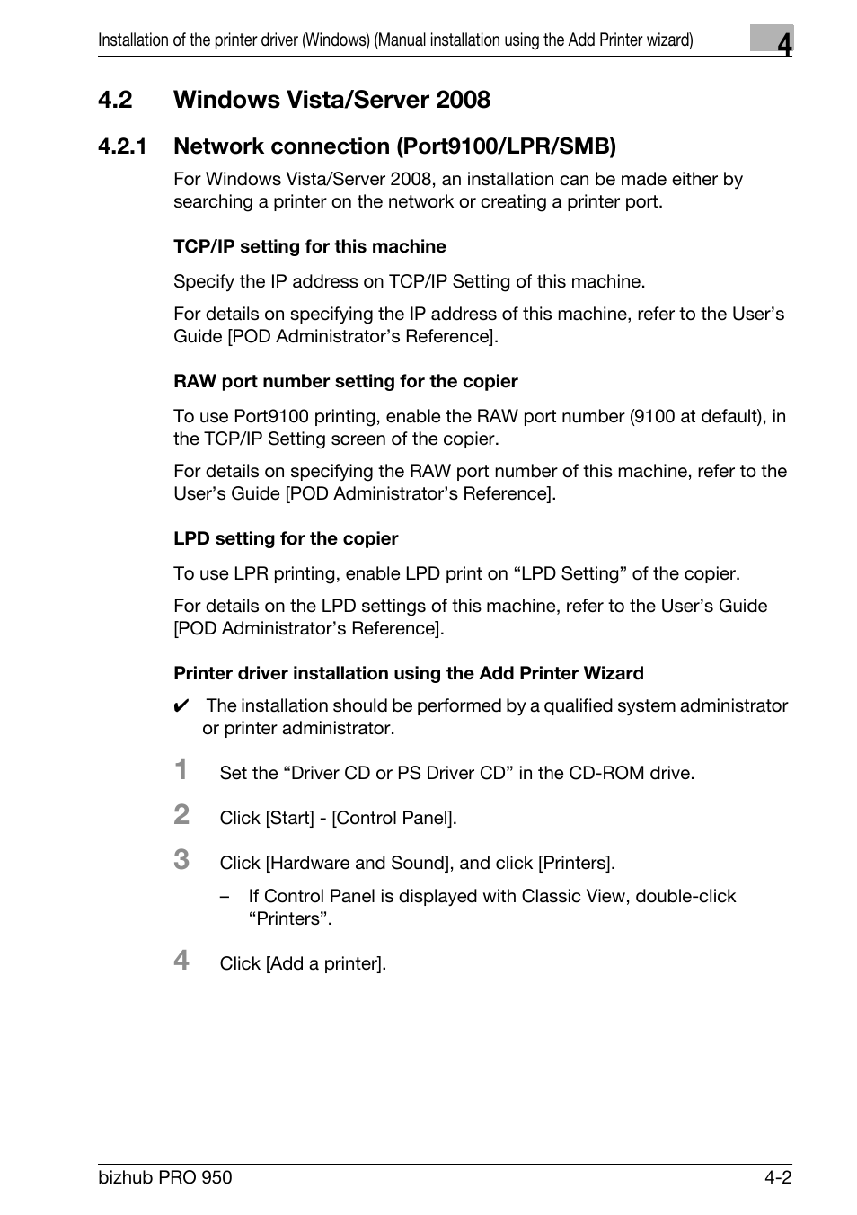 2 windows vista/server 2008, 1 network connection (port9100/lpr/smb), Tcp/ip setting for this machine | Raw port number setting for the copier, Lpd setting for the copier, Windows vista/server 2008 -2, Network connection (port9100/lpr/smb) -2 | Konica Minolta bizhub PRO 950 User Manual | Page 34 / 320