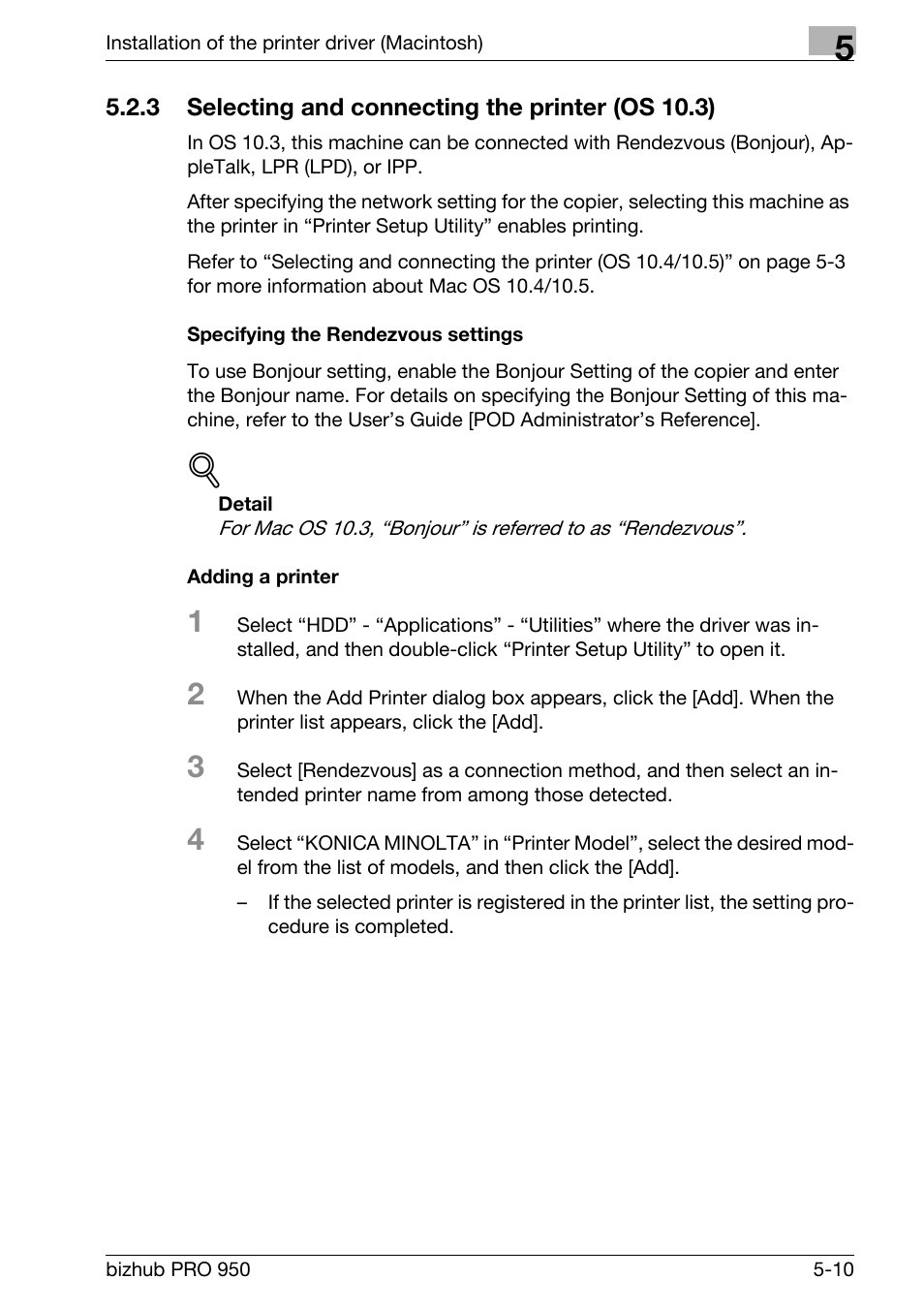 3 selecting and connecting the printer (os 10.3), Specifying the rendezvous settings, Adding a printer | Selecting and connecting the printer (os 10.3) -10 | Konica Minolta bizhub PRO 950 User Manual | Page 74 / 320